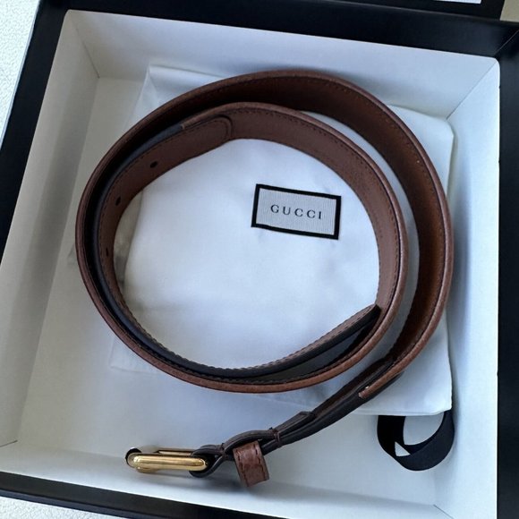 NEW GUCCI BELT 678694 GG LOGO DENIM CANVAS BROWN LEATHER BUCKLE 80 cm 32 In - Picture 4 of 8